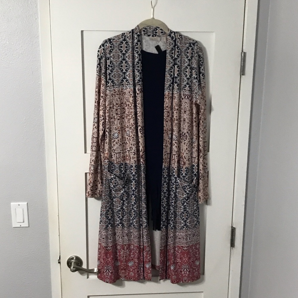 LOGO by Lori Goldstein Multicolor Patterned Duster Cardigan